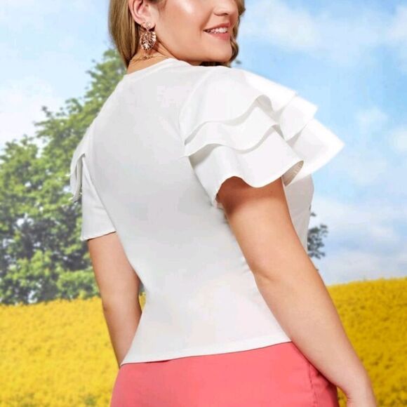 White Ruffle Sleeve Graphic Top - Picture 3 of 5